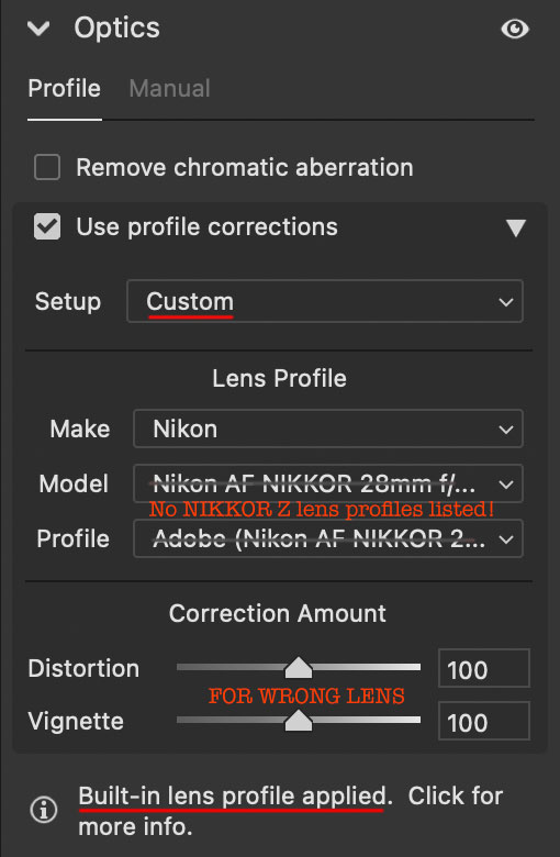 Custom lens correction —; but no NIKKOR Z lens profiles available!